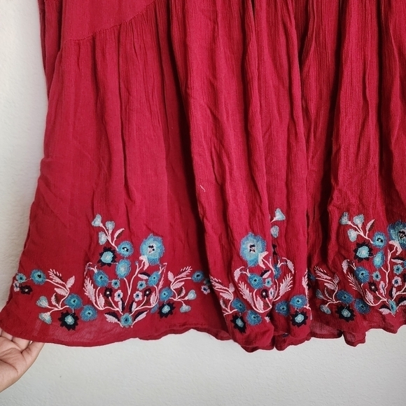 Free People Te Amo Berry Red Embroidered Flowy Mini Boho Dress Whimsical Peasant - Picture 7 of 13